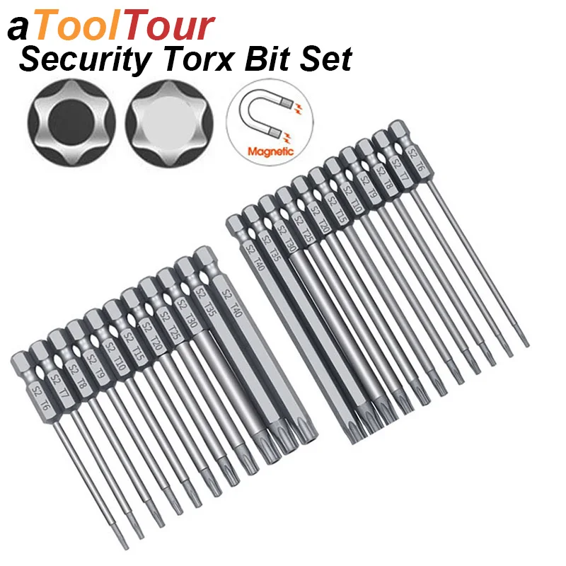 Conjunto de Pontas de Chave de Fenda Torx de Segurança Antiviolação com Adaptador Magnético de Extensão para Furadeira Elétrica, Aço S2, T5 T40