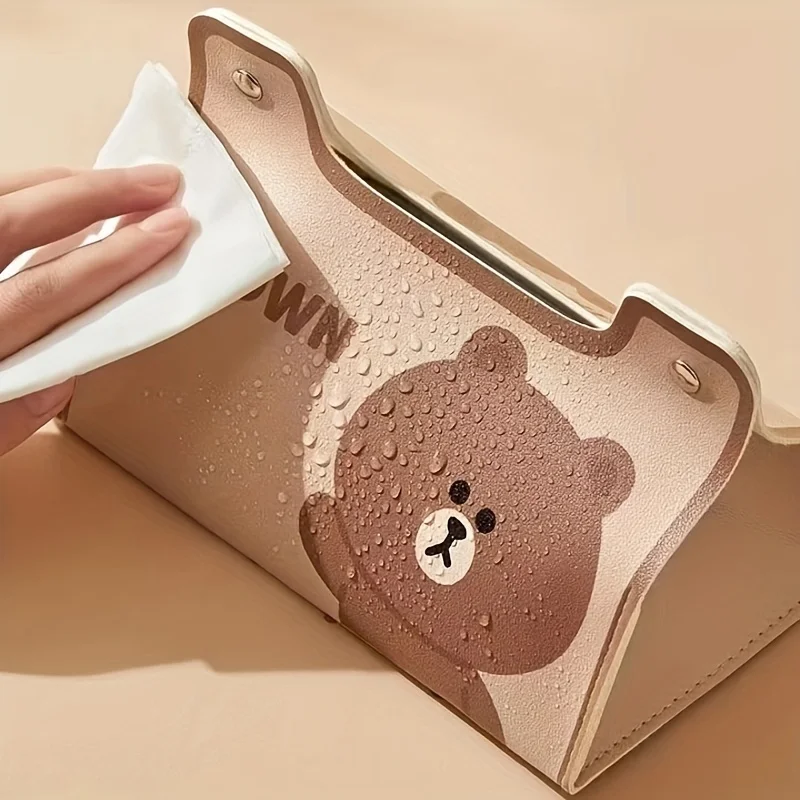 An E FRIENDS Brown Bear&Choco PU Leather Cover, Suitable For Home And Office, Cute Cartoon Design Tissue Box