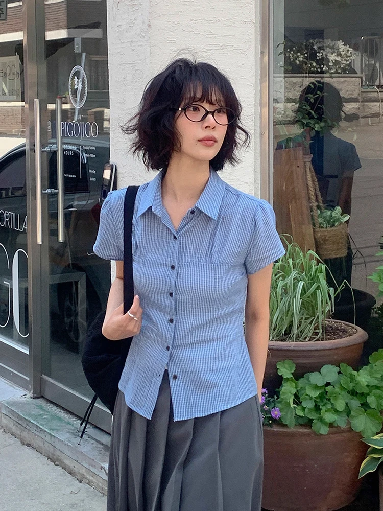 

Slim Fit Plaid Bubble Sve irt Women's Single Button Korean Sle Summer New Arrival Casual Commute Faion Top