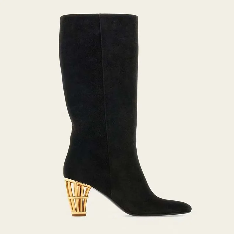 

Cage Heel Knee High Boots Women Black Suede Leather Gold Heeled Pointed Toe Slip On High Heel Pointy Long Boot