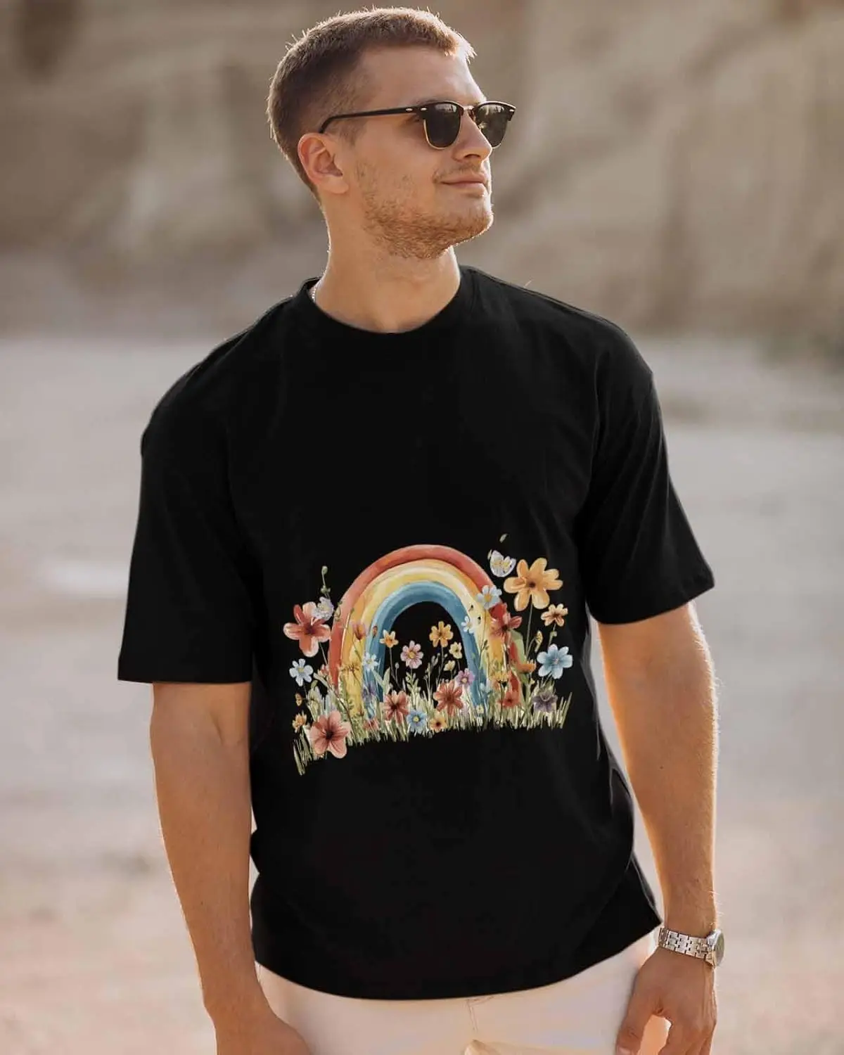 Men's T-Shirt, Novelty Graphic T-Shirt Bloom Rainbow Colorful Flowers Plants Cotton Crew Neck Men's Short