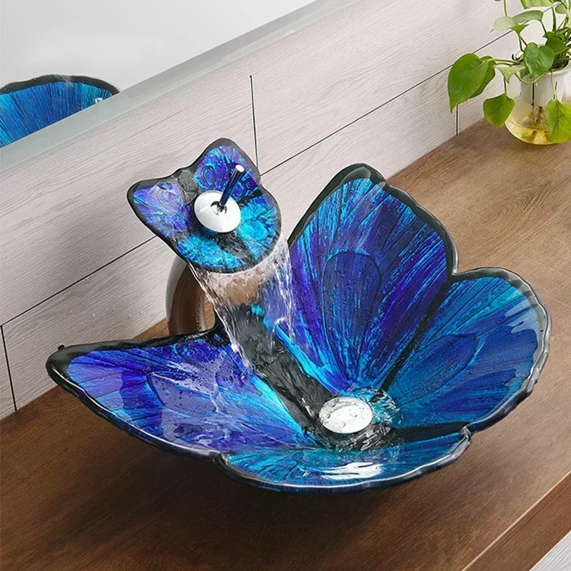 Butterfly-shaped Tempered Glass Bathroom Washbasin Hotel Washroom Countertop Sink Personalized Hand Wash Pool Art Basin