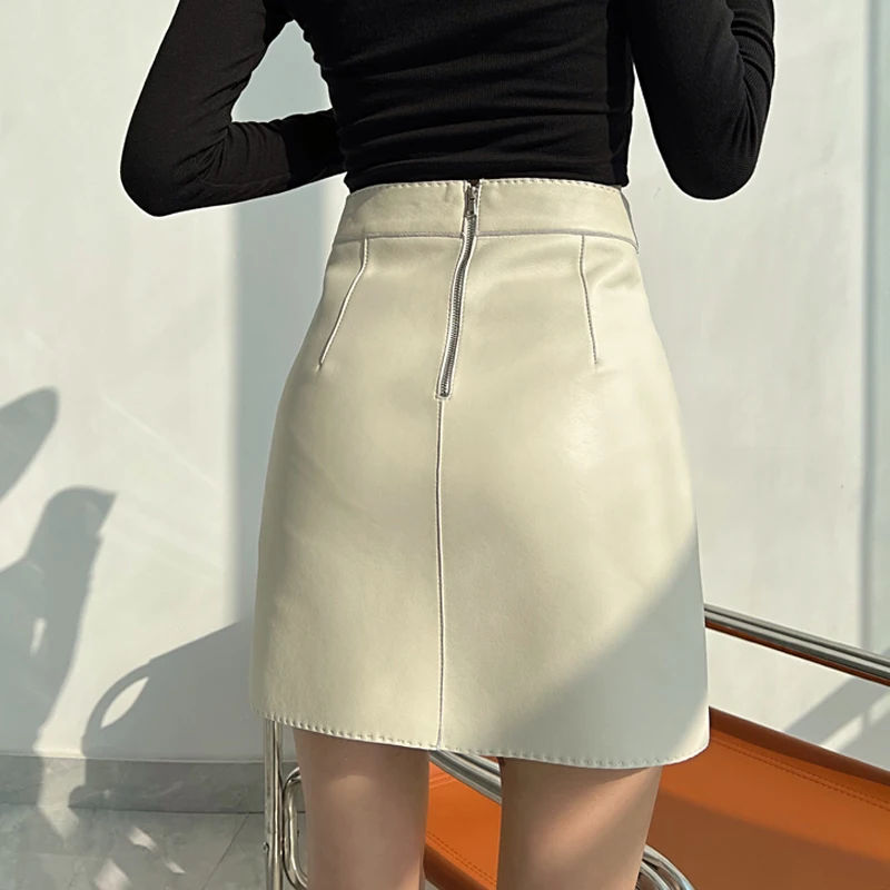 Moda Linda Lambskin Mini Skirts Women Handmade Arch Needle High Waist Wrap Leather Etek Khaki Double Breasted Metal Button Jupe