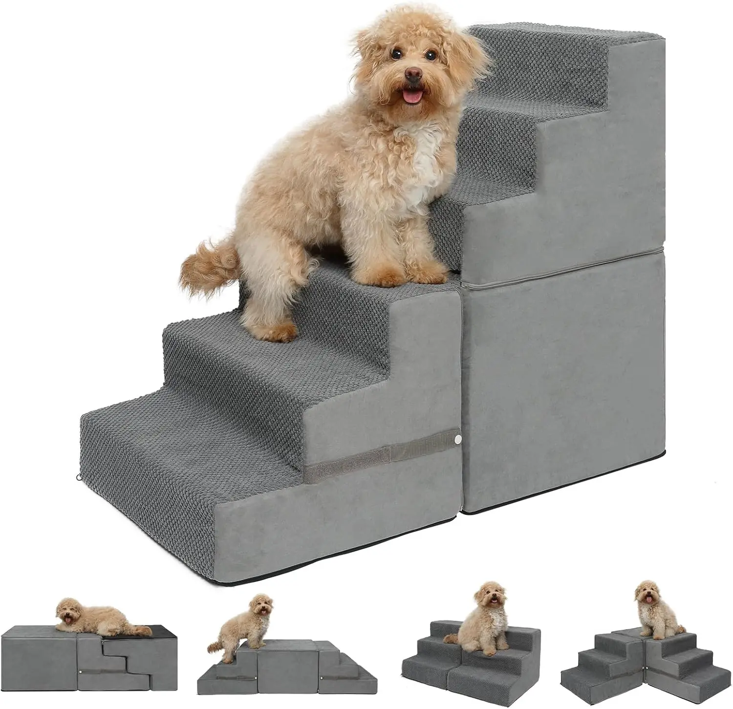 

6-Step Dog Stairs for Small Dogs, High-Density Foam Pet Steps with Non-Slip Removable Washable Cover for High Beds