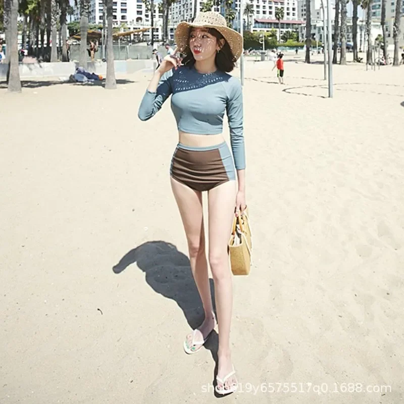 

High Waist Two Piece Swimsuit Women's Long Sleeve Nylon Slimming Korean Style Quick Dry Bikini Set for Swimming And Thermal Spa
