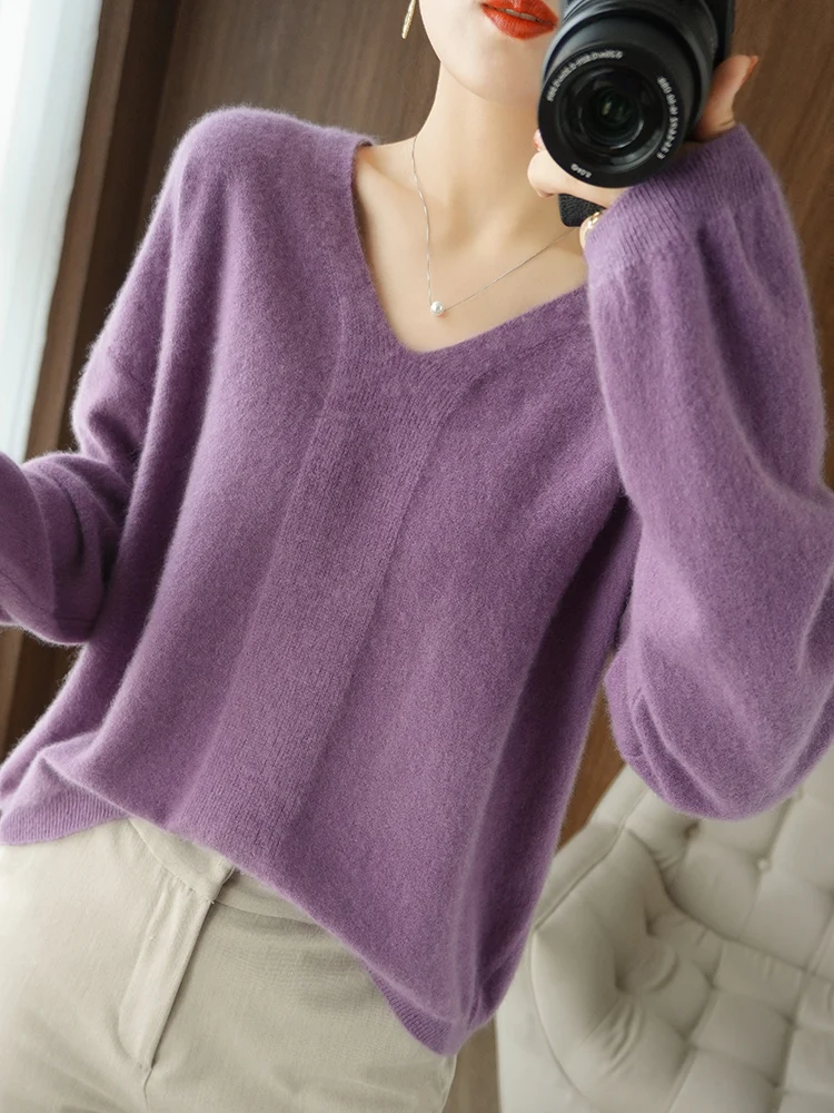 New Fashion Women\'s Clothing V-Neck Pullovers Long Sleeve knit Wear 100% Wool Warm Jumper Loose Fit Large Size Korean Style Soft