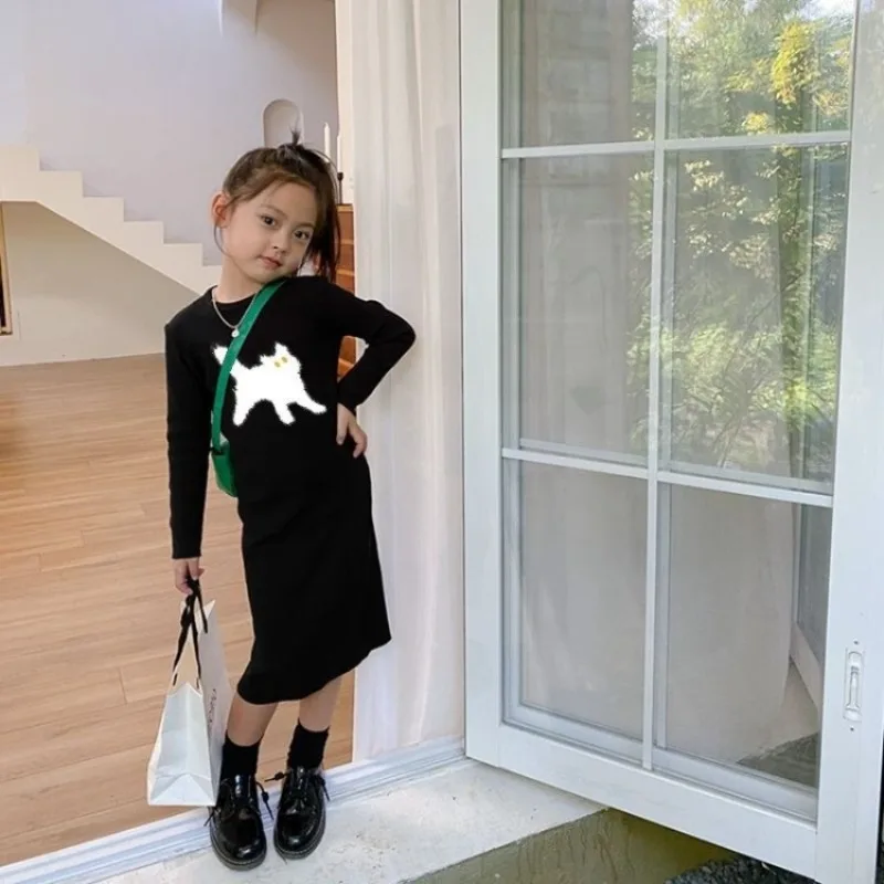فستان بناتي شتوي جديد 2025 على طراز هيبورن ميلارد أسود صغير - فستان ماكسي بطبقة أساسية على شكل قطة كرتونية لعمر 4-12 سنة