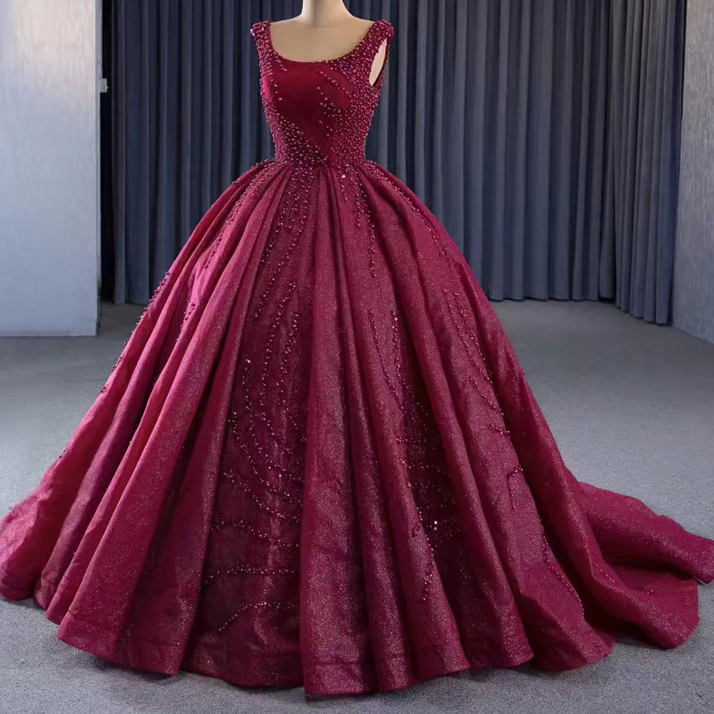 Princess Scoop Neck Sleeveless Evening Dress With Lace Up Back Beaded Sequined Pearls Customizable Vestido De Noche