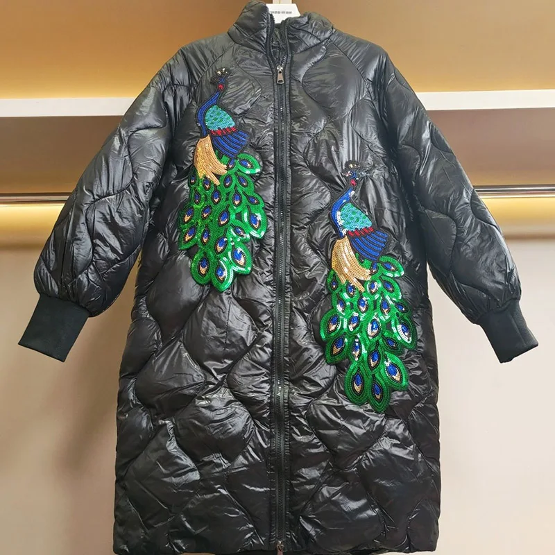 

Heavy Industry Fashion Personality Decoration Black Down Cotton Jacket Medium to Long Women's Winter New Cotton Jacket