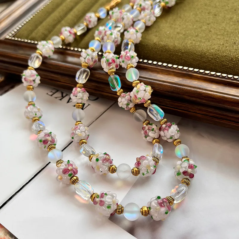 

Retro White Pink Flower Colured Glaze Ball Beads Strand Necklace, Natural Glitter Stone Bracelet Jewelry Set Summer Fresh Crafts