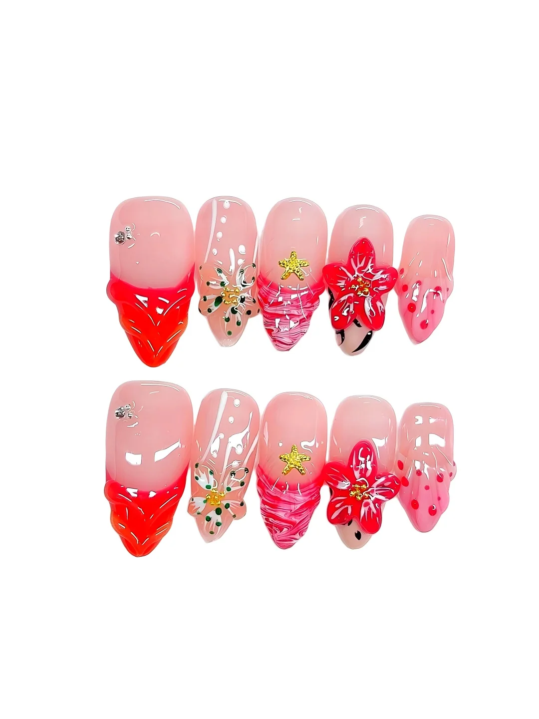 

3D Floral Starfish Press on Nails - Pink Red Gradient Long Coffin False Nails for Women (D507)