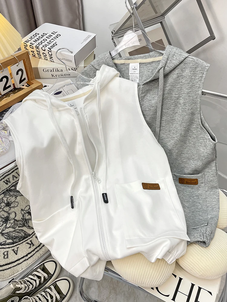 Korean Chic Hooded Zipper Vest Women's Spring Autumn Loose Versatile Sleeveless Shoulder Pad Jacket Trendy Commute Style Poly...