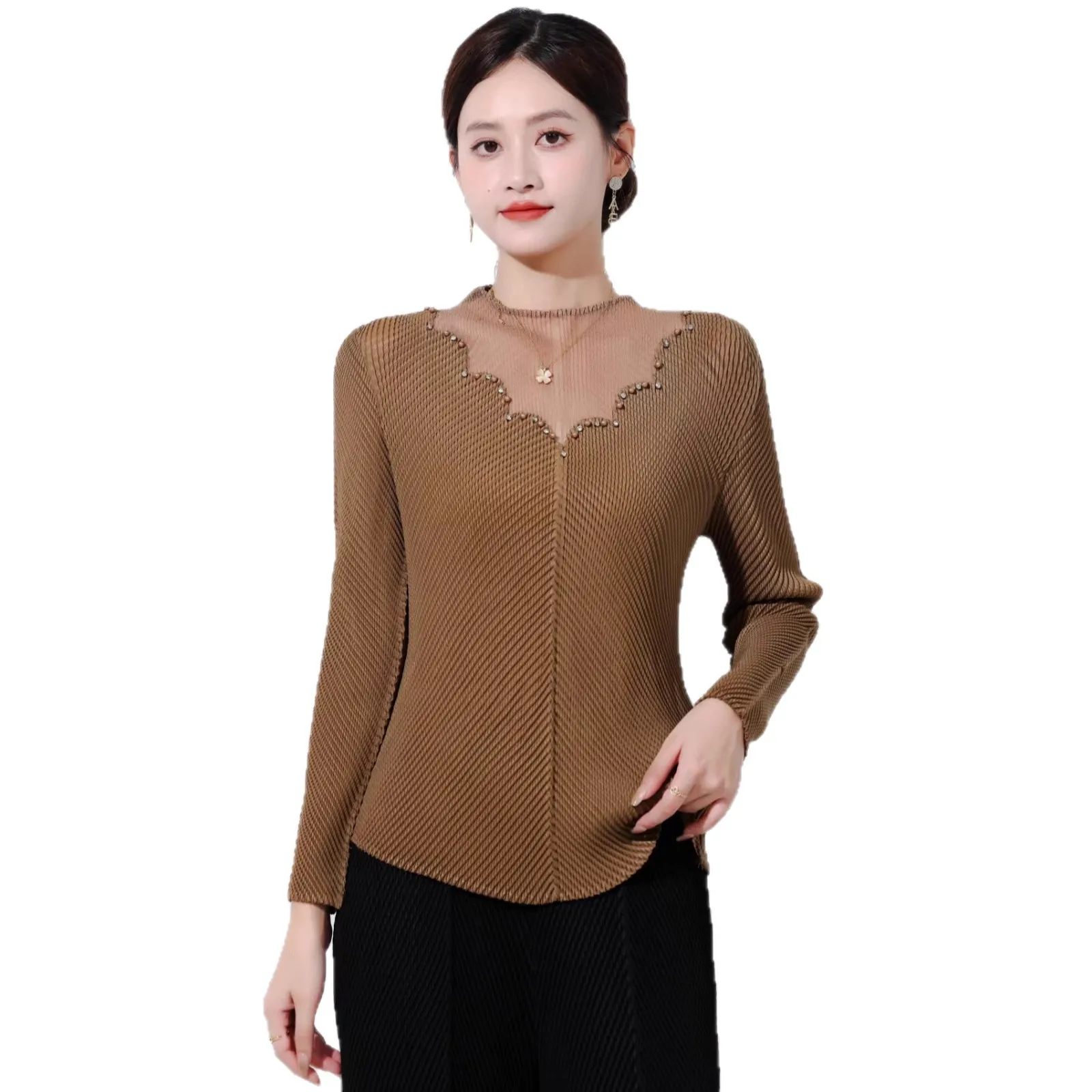 Miyake Fold 2025 Autumn New Knitted Shirt Women's Long Sleeve Versatile Lace Splicing Round Neck Single Wear Casual Top Pleats