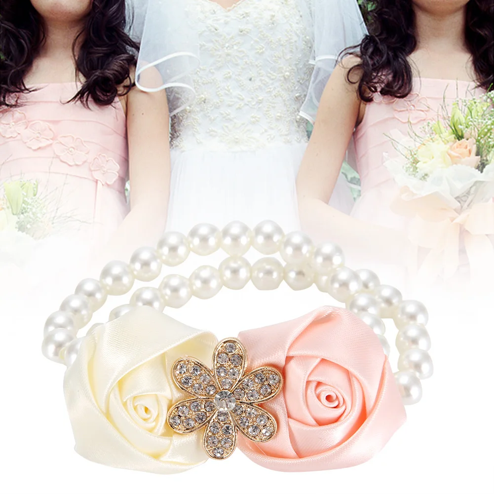 2pcs Beautiful Hand Flower Bridesmaid Wrist Corsage Decorations Pearl Satin(Ivory White+Pink)