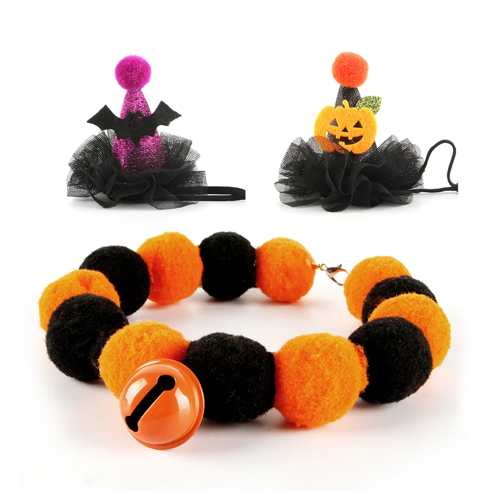 Pet High Elasticity Fur Ball Collar Hat Fashionable Necklace Bell Cat Headwear Halloween Accessories