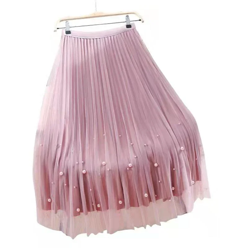 Rimocy-falda de malla con perlas para mujer, faldas largas de terciopelo de cintura alta, plisadas, Color sólido, L583