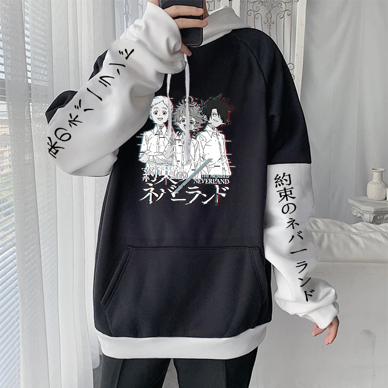 The Promised Neverland Anime Hoodies Men Harajuku Emma Norman Ray Manga Streetwear Oversized Women Patchwork Winter Sweatshirts