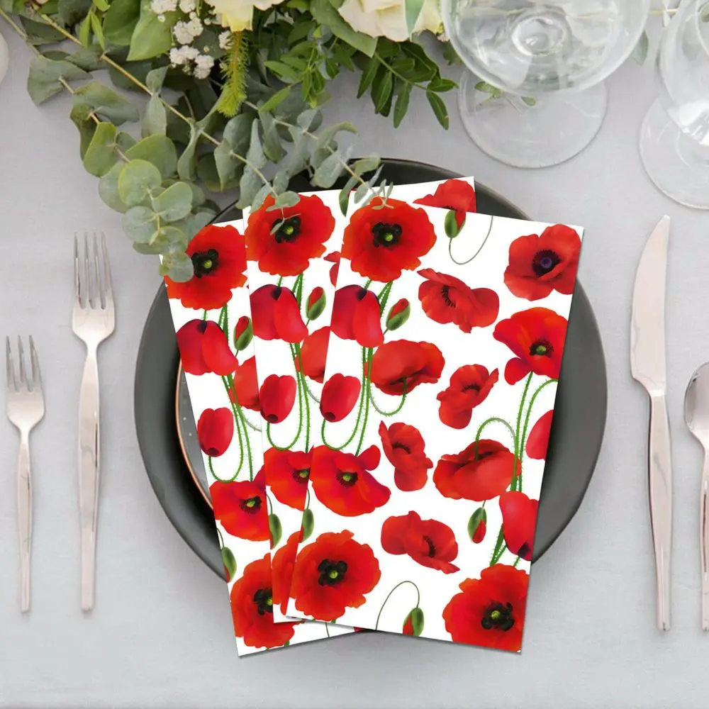 Red Poppy Flower Pattern Paper Napkins Disposable Tissue For Party Birthday Wedding Tableware Decorative Festive Supplies
