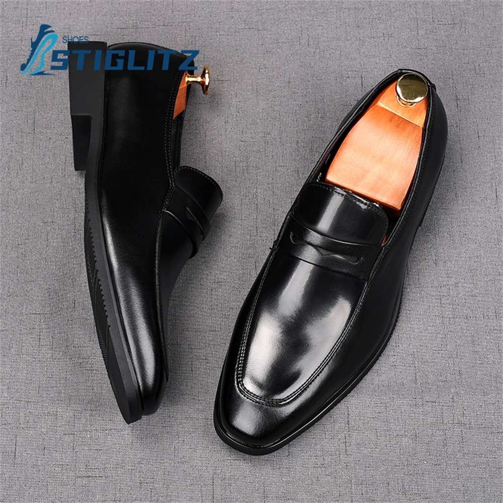 Mirror Solid Slip On Mules Round Toe Shallow Soft Sole Casual Shoes Business Formal Wear Genuine Leather Shoes Men's Loafers