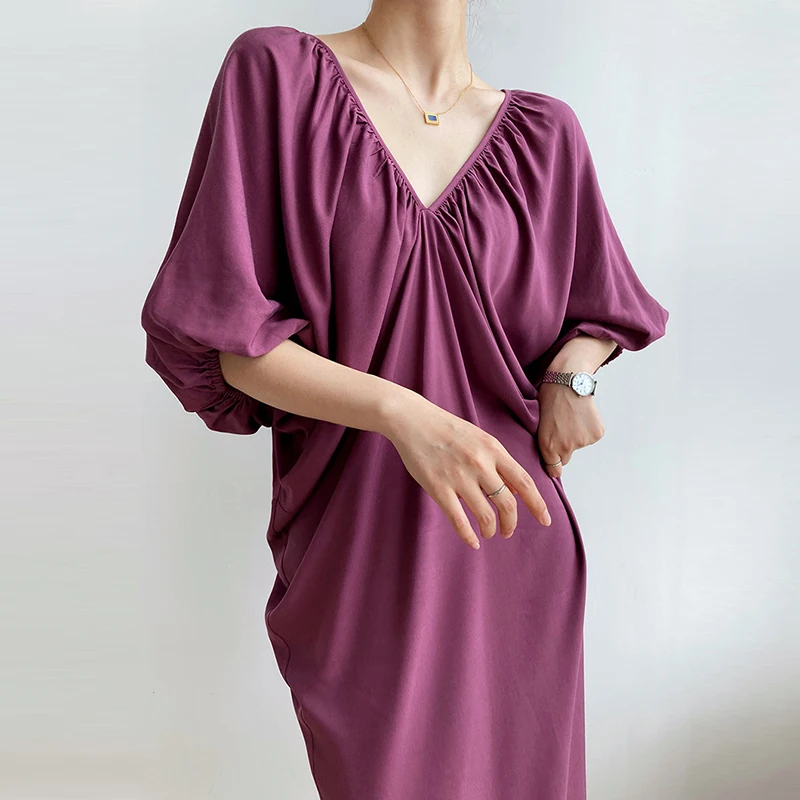 Schicker V-Ne Plissee Loose Batwing Sve Dr Korean Sle Commute ort Sve Long Dr Sommersaison Reine Farbe