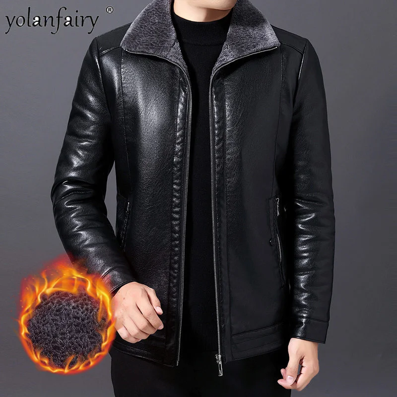 Leather Jacket Men Winter Clothing PU Clothes Male Plush Thick Warm Lapel Casual Men's Wear Abrigos FCY