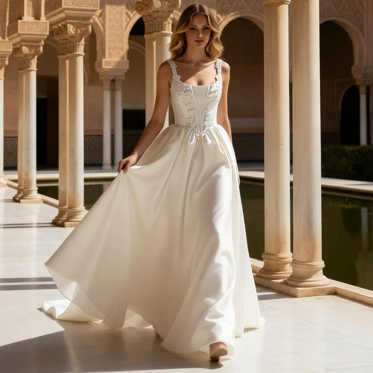 Elegant Appliques Satin Lace Wedding Dress Square Collar Lace Up Puffy Church Bridal Party Gown With Train Long Vestidos