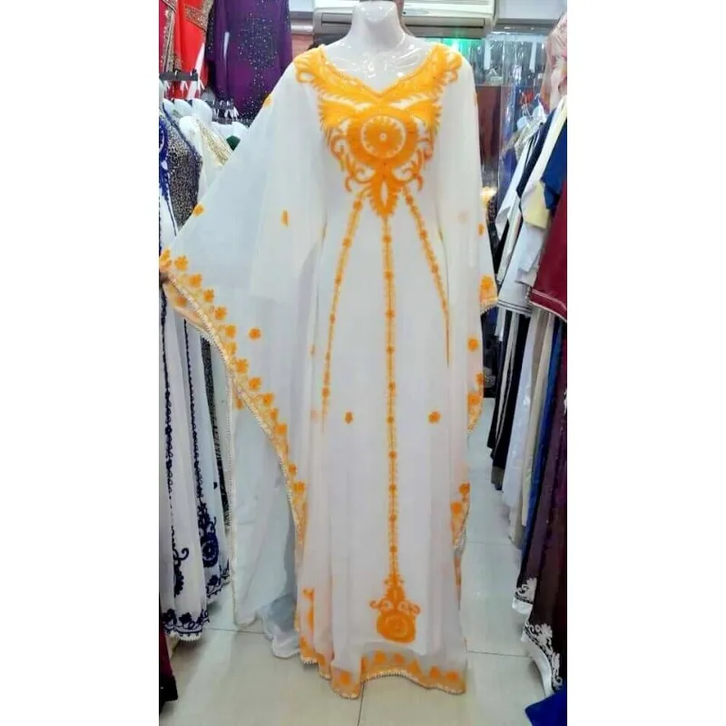 

White Yellow New Dubai Georgette Moroccan Kaftan Dress Jilbab Abaya Clothing