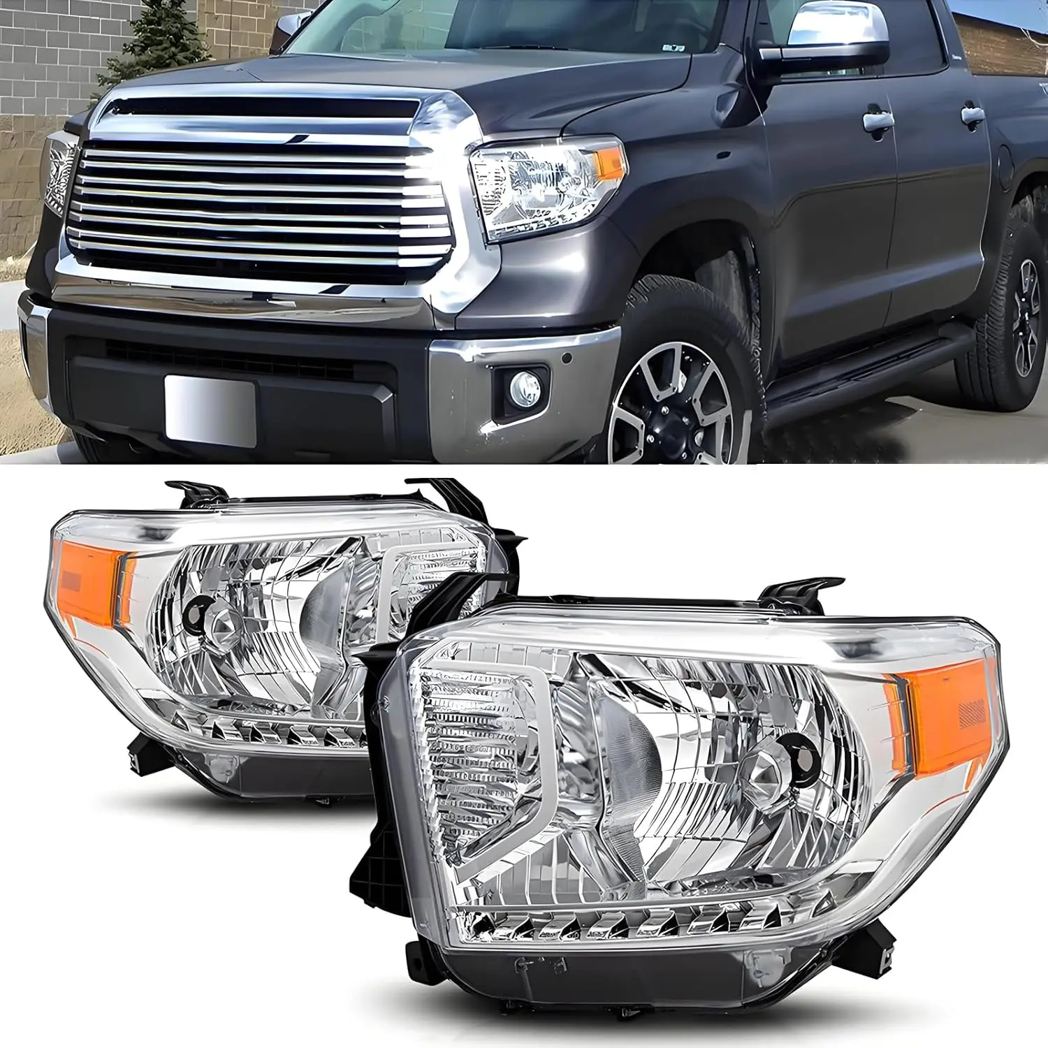 

Headlights Assembly compatible with 2014 2015 Toyota Tundra Halogen Headlamp without Level Adjuster,Chrome Housing Amber Corner