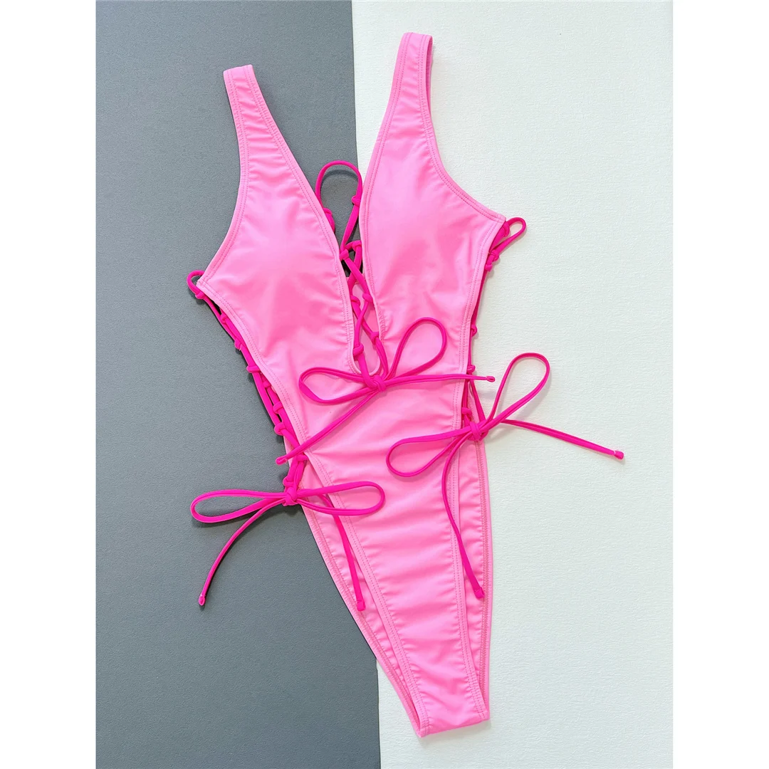Badeanzug für Damen mit tiefem V-Ausschnitt, Schnürung und hohem Beinausschnitt, einteiliger Badeanzug, Wickel-Monokini, Badebekleidung, Badeanzug V4719 – Detail 9