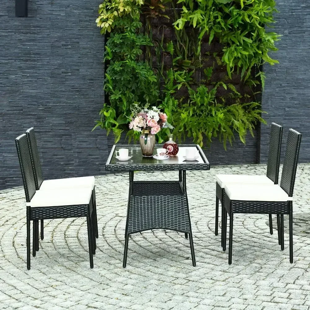 5-Piece Wicker Outdoor Dining Set with Glass Top and Cushioned Chairs for Patio, Garden, or Poolside