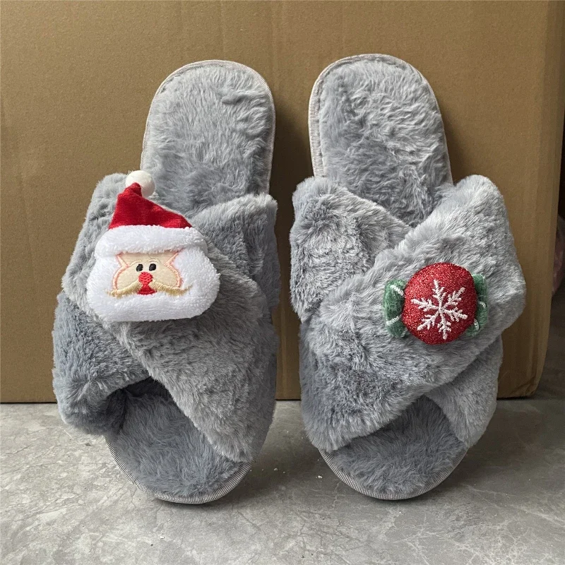 Winter Christmas tree Claus Fluffy Cute Slippers Cartoon Winter Couple House Warm Shoes Designer Flat Casual New Year's Gift