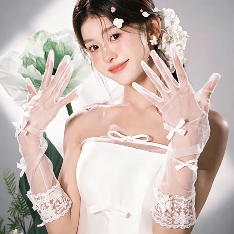Fairy Long Mesh Tulle Sheer Gloves Wedding Bridal White  Lace Bowknot Gloves Lolita Party Dress Accessories