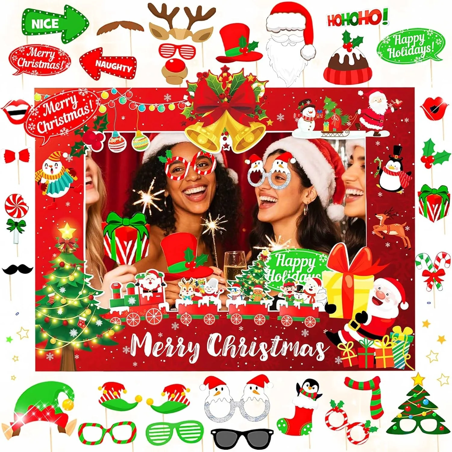 LaVenty 33PCS Weihnachtsfeier-Spielzubehör, Weihnachts-Fotokabinen-Requisiten, Selfie-Requisiten, Lets Get Ugly Party-Dekoration