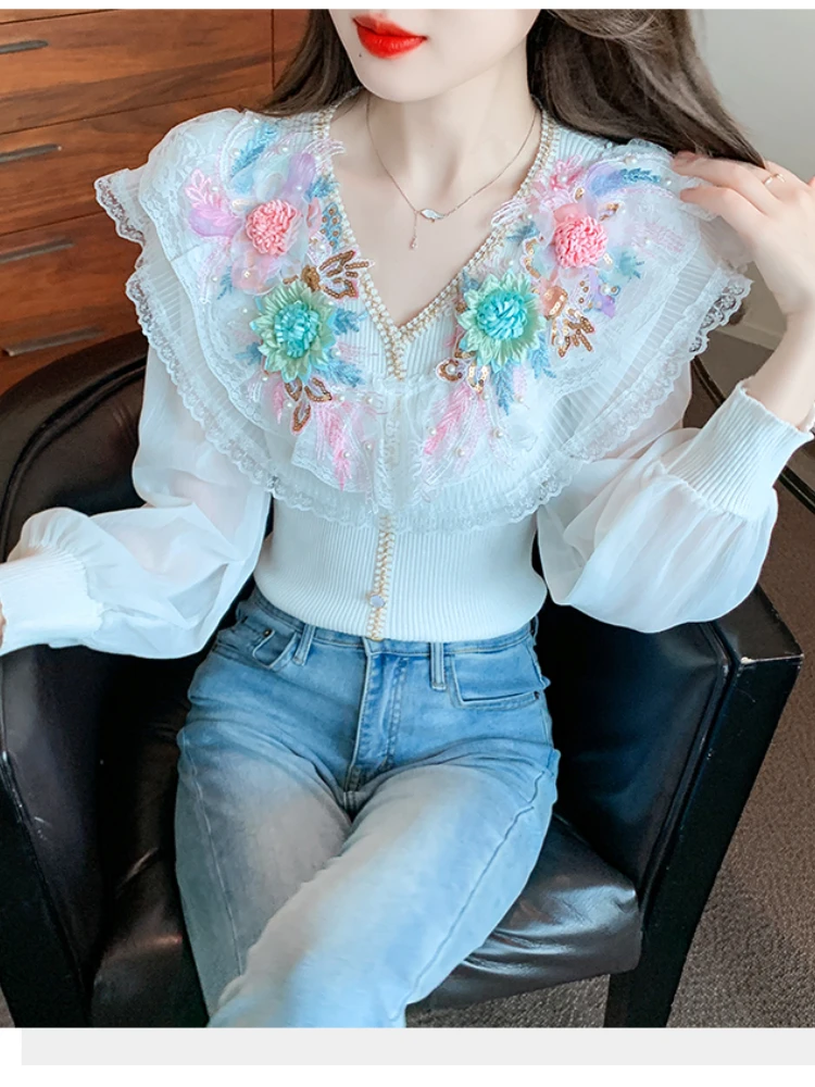 Floral Lace Stitching Knitted Chiffon Patchwork Shirt Women\'s Autumn Top 2024 New Beautiful V Neck Lonfg Sleeve Blouse Blusa