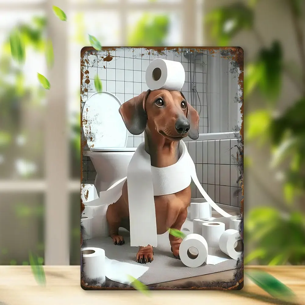 2D Flat - Whimsical Dachshund Bathroom Metal Sign - 20.32x30.48 cm Vintage Wall Art, Reusable Iron Decor with Humorous Dog