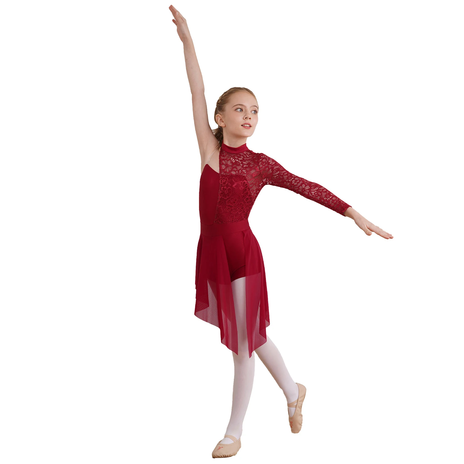 Kinder Meisjes Lyrische Dans Kostuum Uitgesneden Enkele Lange Mouw Asymmetrische Balletjurk Leotard Modren Hedendaagse Danskleding