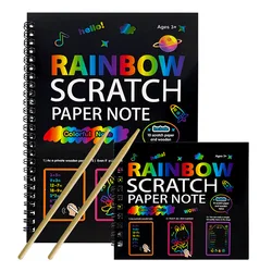 Rainbow Scratch Paper Note Children's Art Book Black DIY Rainbow Art Paper Card Neon Scratch Book with Wood Stick