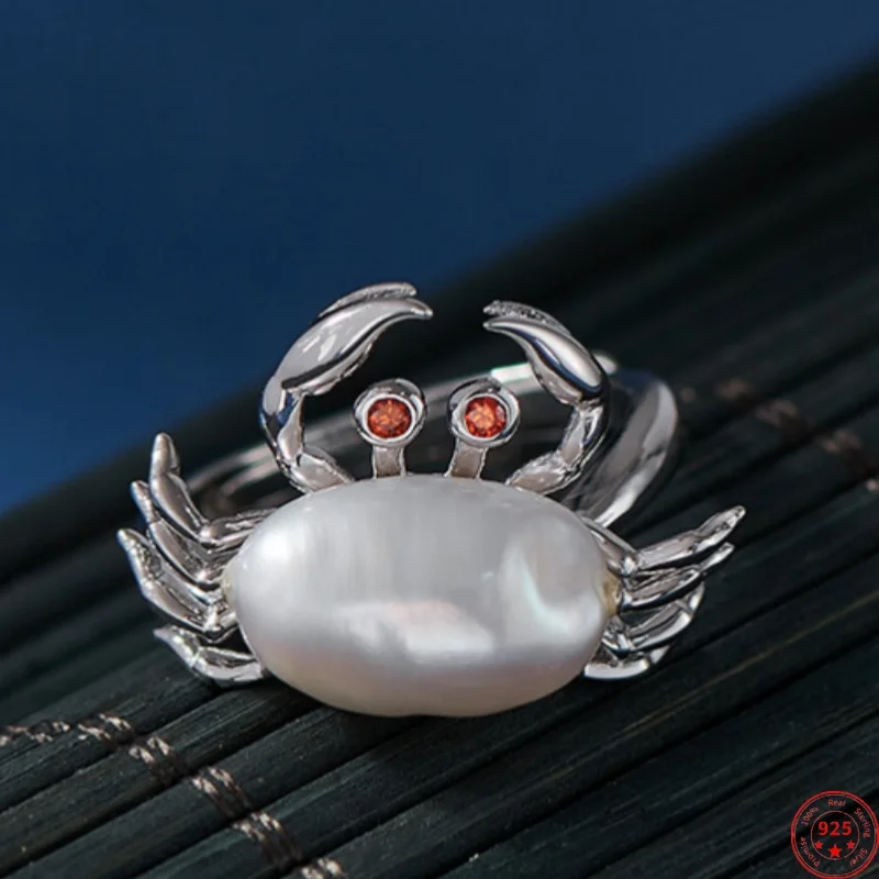 S925 Sterling Silver Rings for Women New Fashion Baroque Freshwater Pearl Crab Personality Punk Jewelry