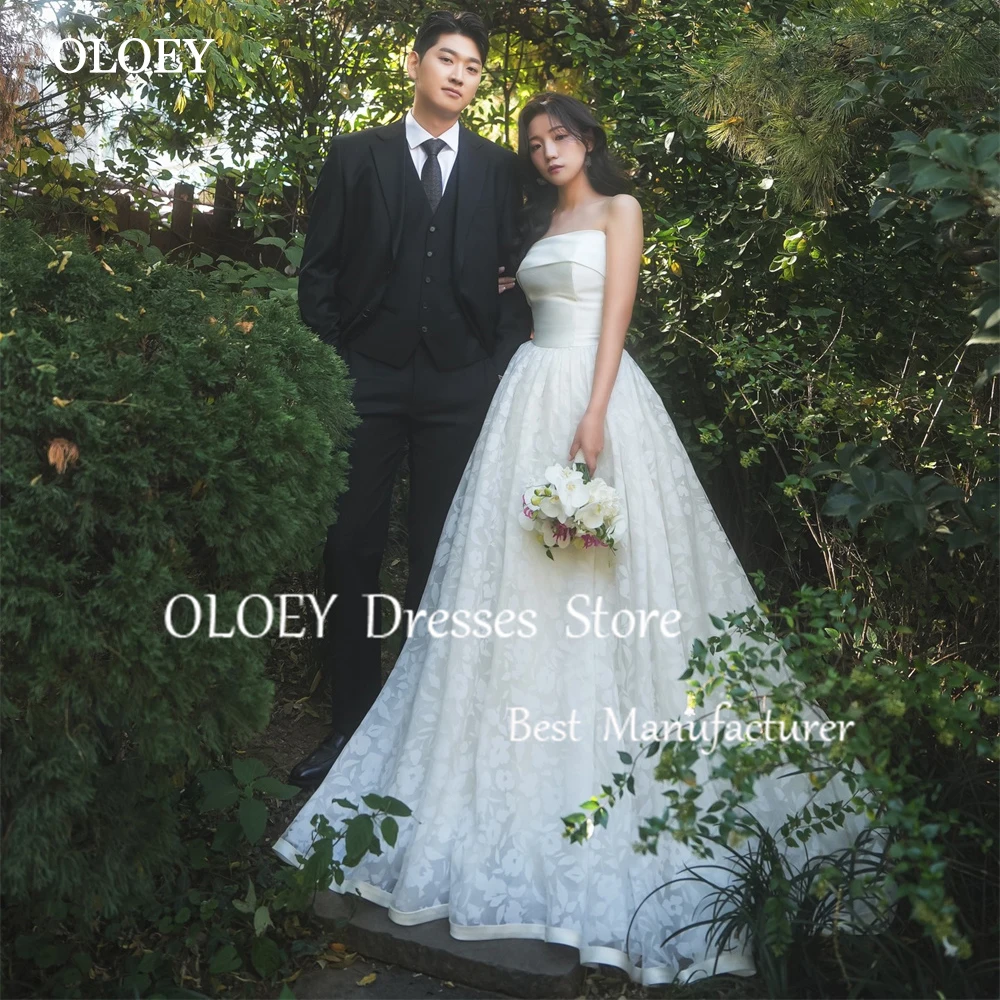 

OLOEY Exquisite Ivory A Line Wedding Dress Korea Photoshoot Strapless Bridal Gown Satin Lace Floor Length Corset Customized