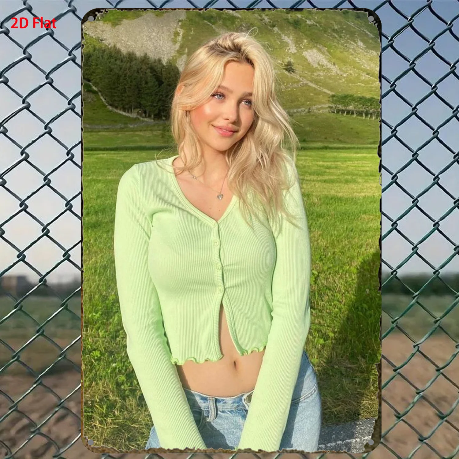 Vintage Rusty Metal Tin Sign, Blonde Girl Green Crop Top Mountain Grassland View Wall Decor For Man‑Cave Bar Garage