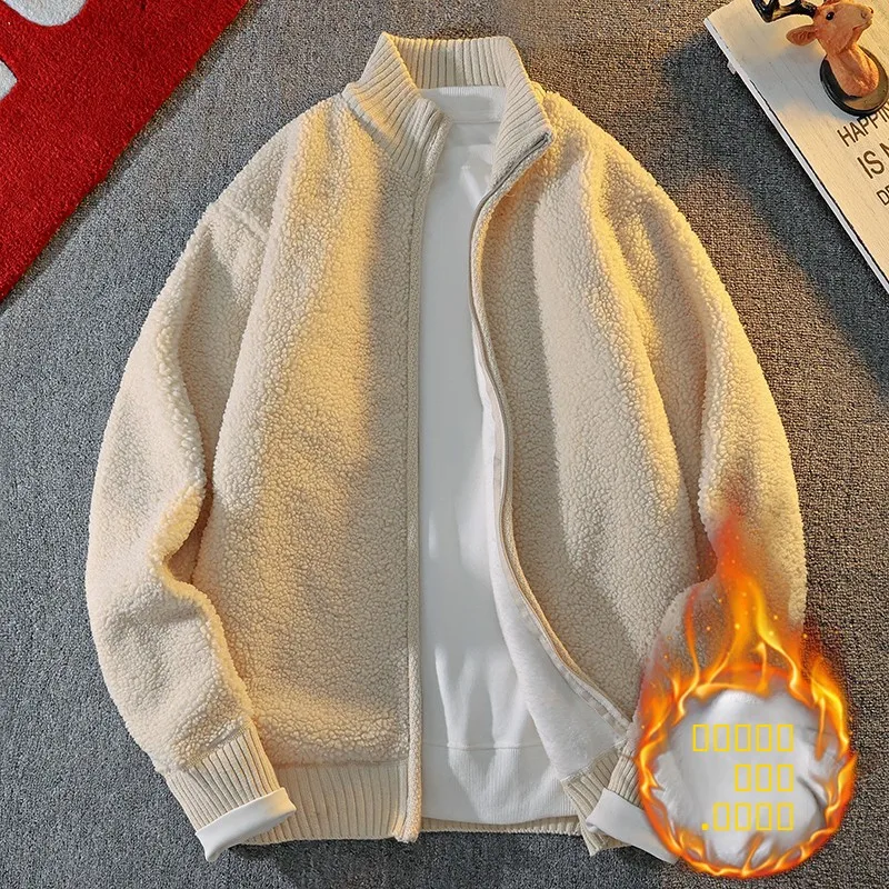 

Men's Fce Lined Slim Fit Casual Knitted Jaet Autumn Winter Stand Collar Lamb Velvet Warm Outerwear for Youth Students