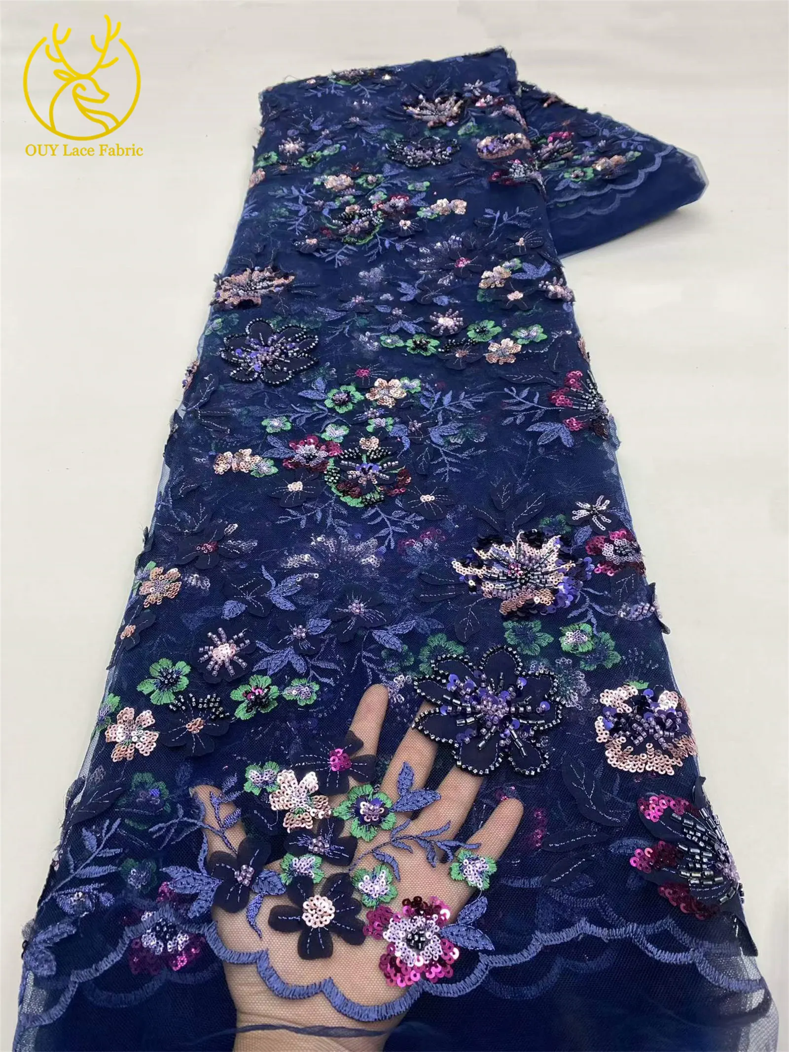 Eleganter Spitzenstoff mit Blumenstickerei und Pailletten, französischer Tüll mit Perlen, afrikanischer Spitzenstoff, nigerianische Spitze für Party- und Ballkleider – Detail 10
