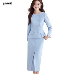 NAVIU 2 Pieces Set Women Double Breasted Blazer Korean Drama Star Elegant A Line Knee Length Slit Stirts Women Work Wear Blue