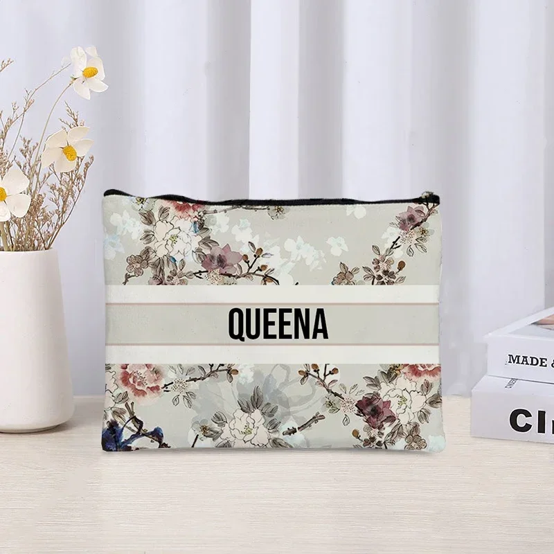 Vintage Floral Name Makeup Bag Custom Travel Cosmetic Organizer Trendy Bridesmaid Gift Eco Canvas Toilet Side Bag for Ladies