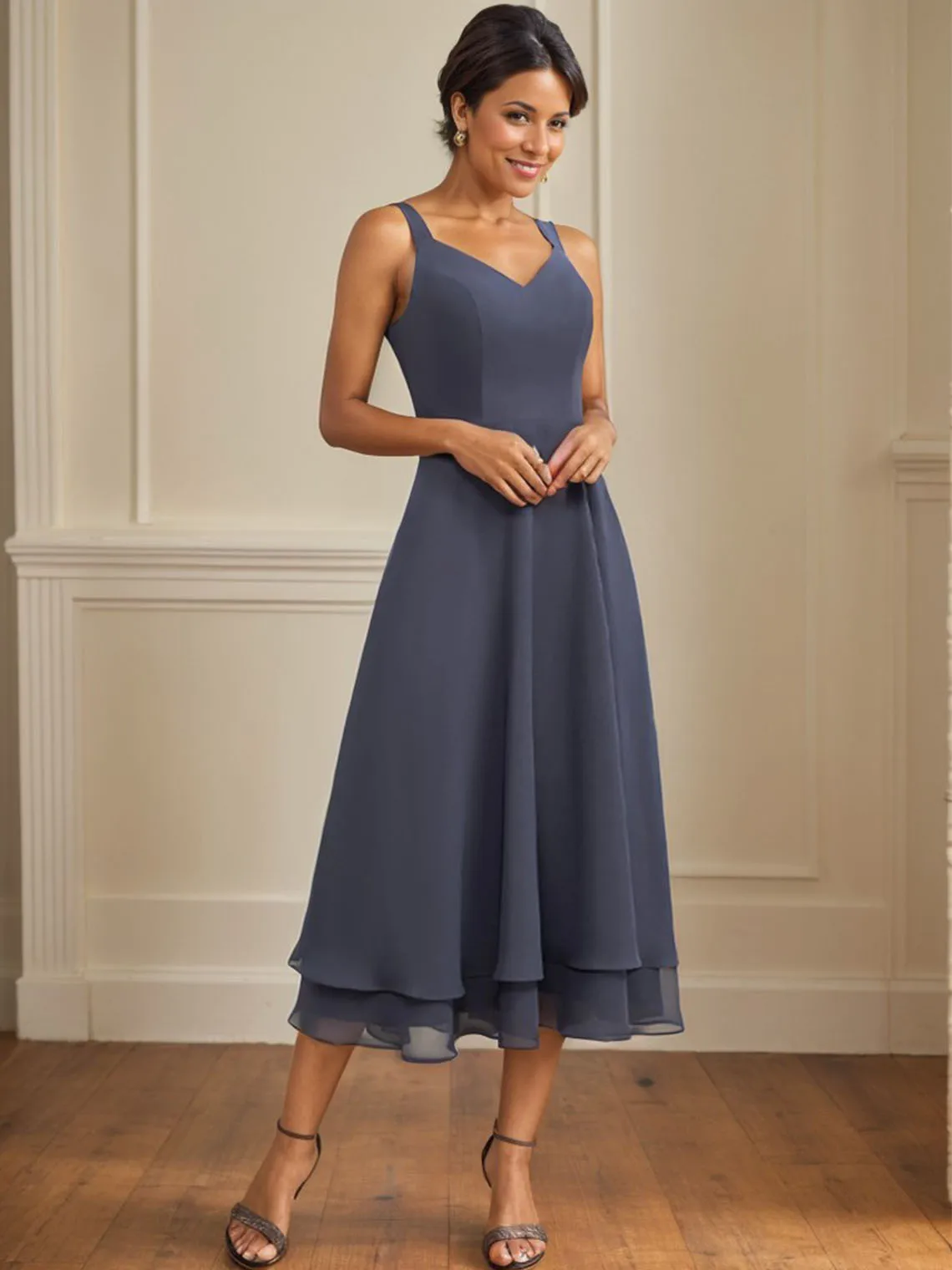 Moda a linha mãe da noiva vestido chiffon renda decote em v manga 3/4 chá-comprimento em camadas vestido de noite 2025 personalizado gratuito