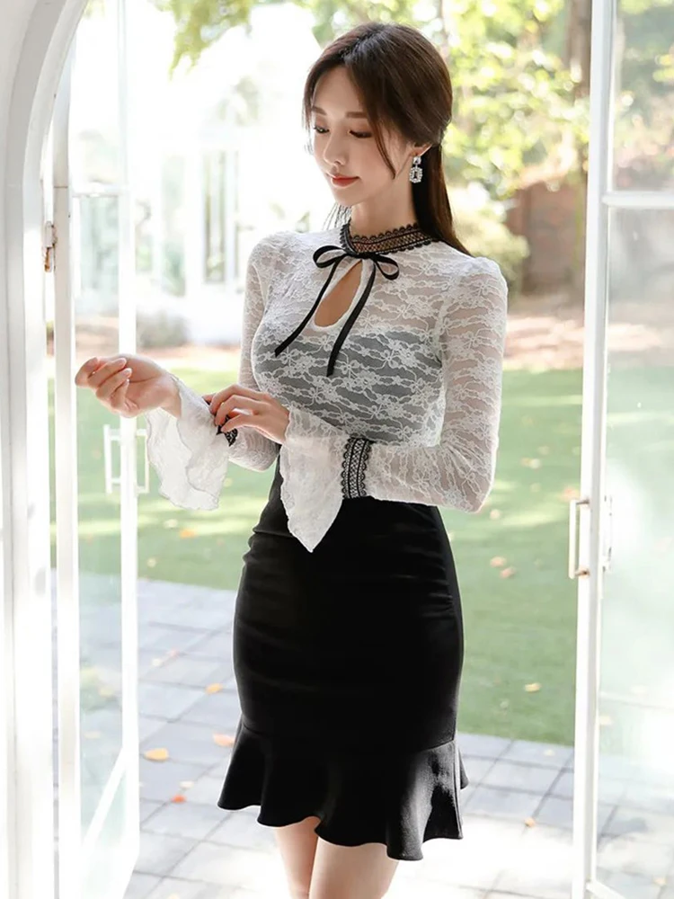 Vestidos cortos coreanos elegantes para Mujer, dulce encaje blanco transparente, Sexy, con lazo hueco, volantes, cola de pez, fiesta, fecha, calle, Mujer