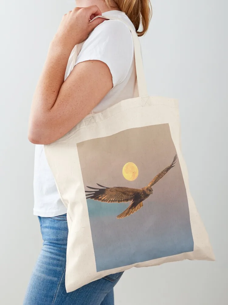 

Marsh Harrier with Full Moon at Sunrise Tote Bag Canvas stote bag tote bag Canvas reusable grocery bags