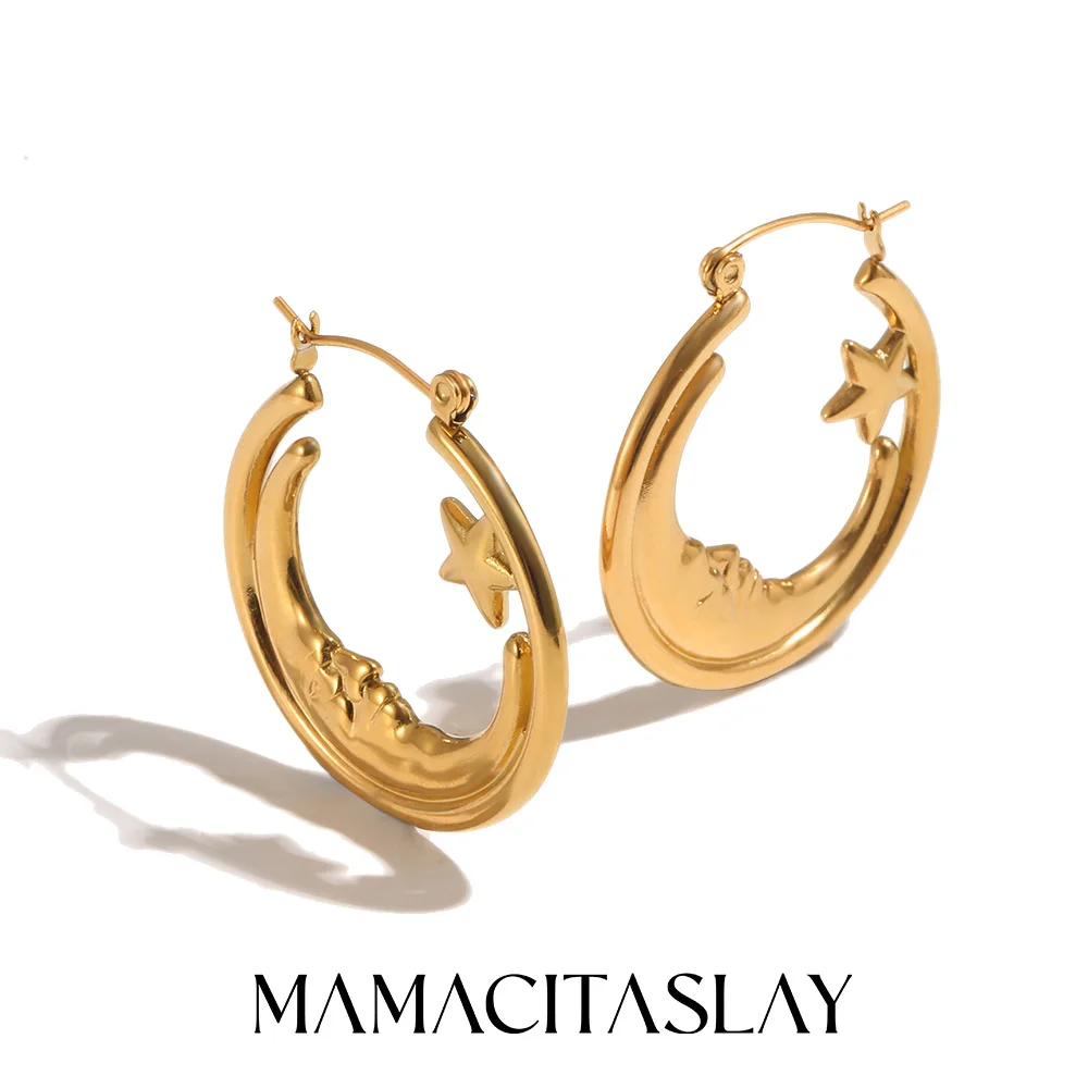 MamacitaSlay Unique 316L Stainless Steel Moon Star Hoop Earrings 18K Gold Plated Waterproof Jewelry For Women Daily Wear Gift