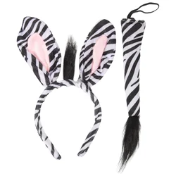 Kids Zebra Headband Set Animal Cosplay Headdress Hair Hoop Tail Braiders Accessories Halloween Party Supplies Child Wearable