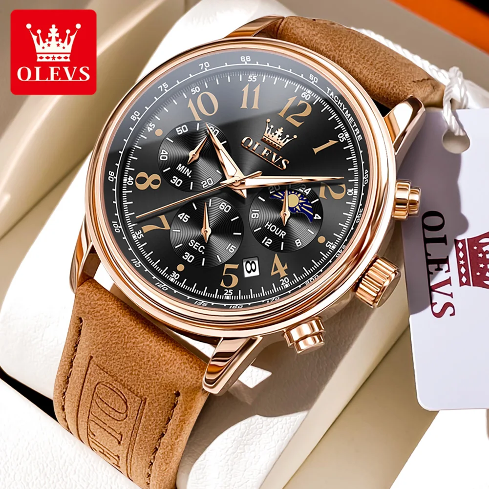 OLEVS Original Brand Men's Watches Business Arabic Numeral scale Leather strap Moon Phase Chronograph Trend Quartz Male Watch